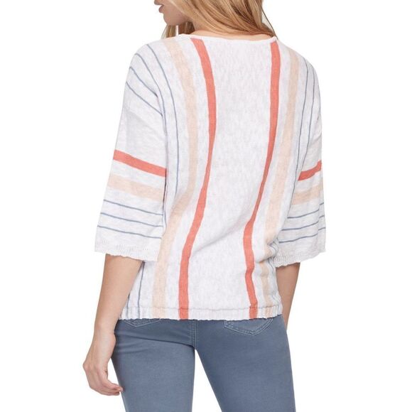 Tribal Jeans striped white sweater with peach/pink/blue stripes sz L - Picture 2 of 6